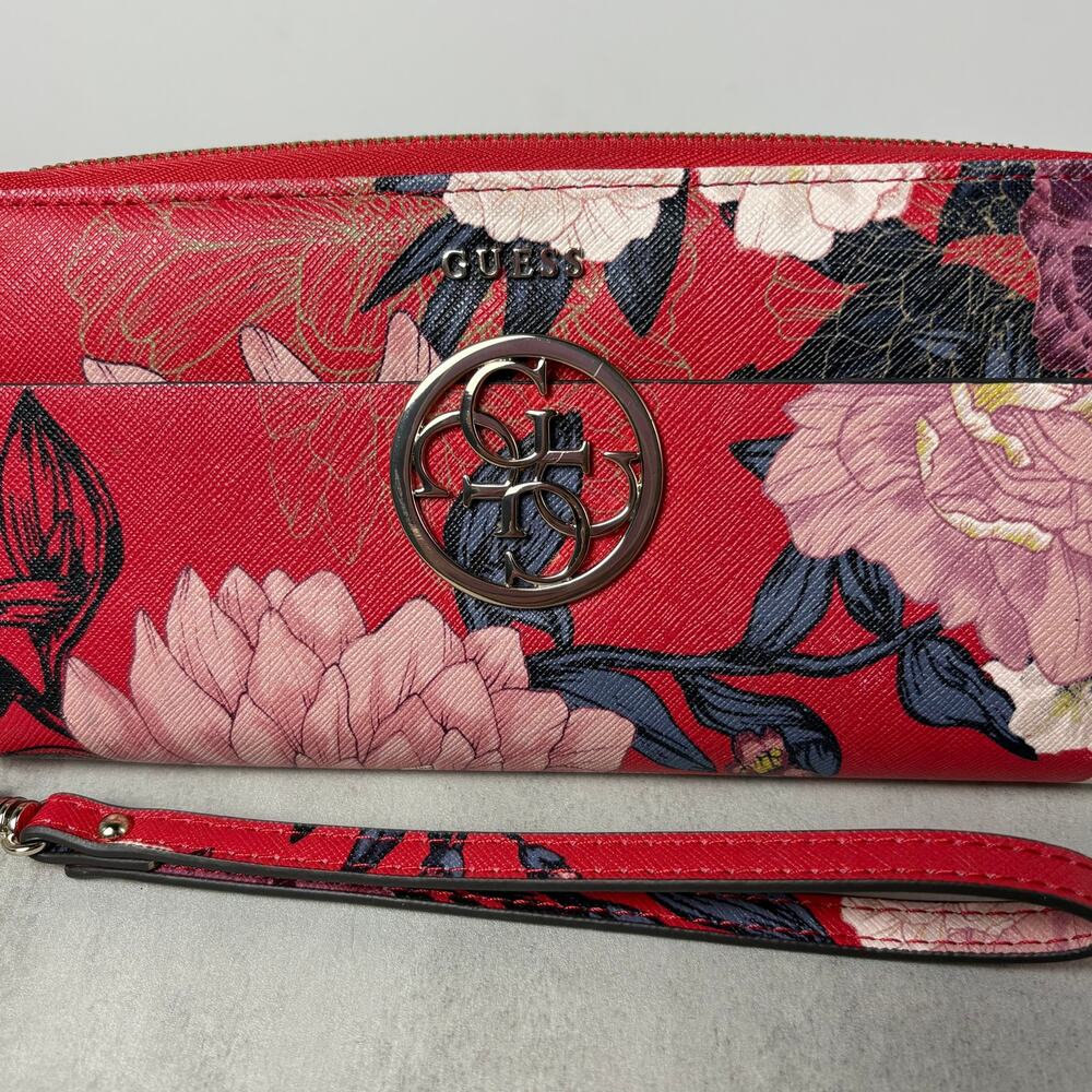 GUESS Red Floral Zip Around Wristlet Wallet Clutch - Picture 3 of 12